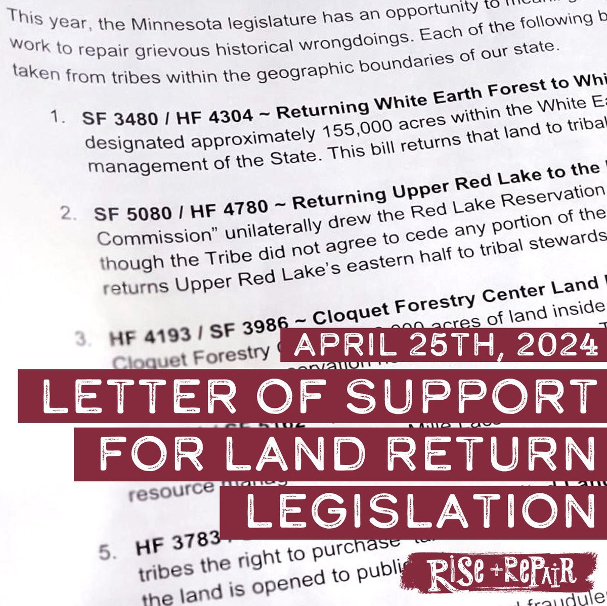We have been disheartened by the misinformation on Land return bills proposed at the MN Legislature this session. We provided this insightful letter to every single member of the Legislature as part of Rise & Repair: riseandrepair.org/news/letter-of… #LandReturn #Idigenous #MnLeg