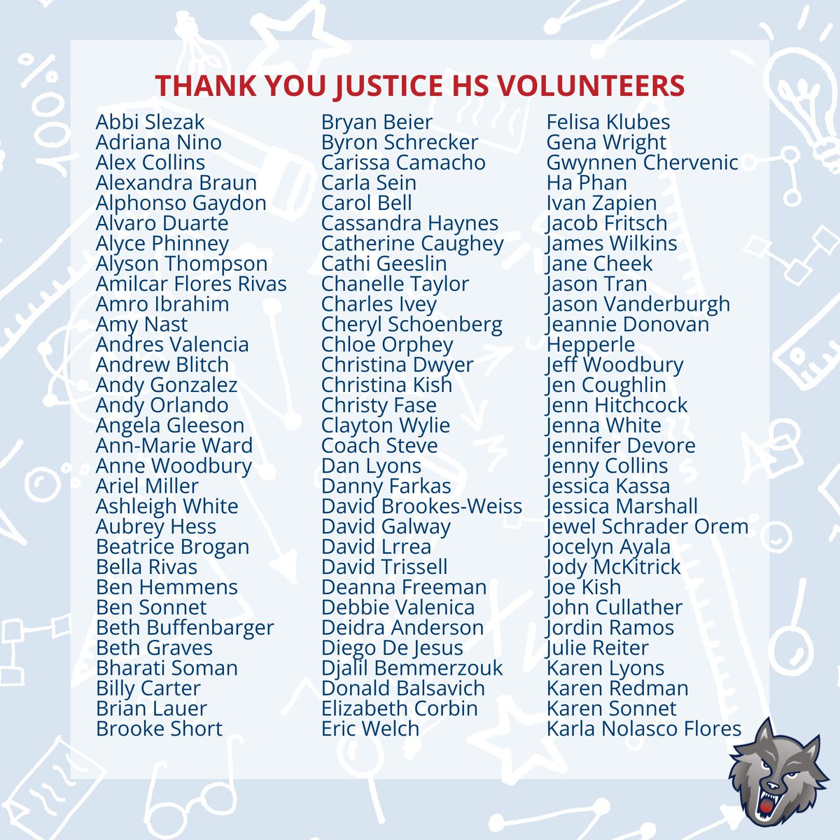 🙏🏽 Thank you to all the amazing Justice volunteers who have dedicated their time and energy to support our students over the past year. Thank you for your teamwork, your dedication to our community, and for helping Justice thrive.   ⚖️🐺
