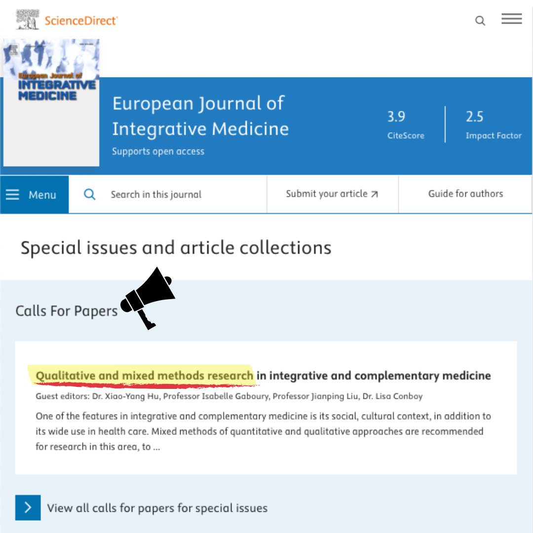 📣 CALL FOR PAPERS #EuJIM We welcome submissions that use and/or explore ✨qualitative✨ or ✨mixed methods✨ in integrative and complementary medicine: sciencedirect.com/journal/europe…