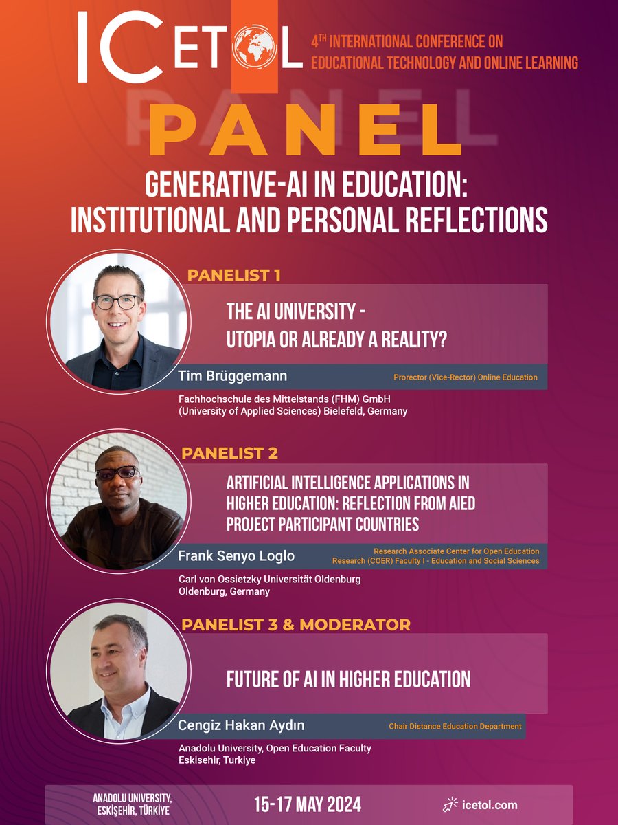 📢 ICETOL PANEL 🤗 #ICETOL24
👁️ Generative AI in Education: Institutional and Personal Reflections
<a href="/Frank_Loglo/">Frank Senyo Loglo</a>
<a href="/chaydin/">Cengiz Hakan AYDIN</a>
📆 15-17 May 2024
ℹ️ icetol.com