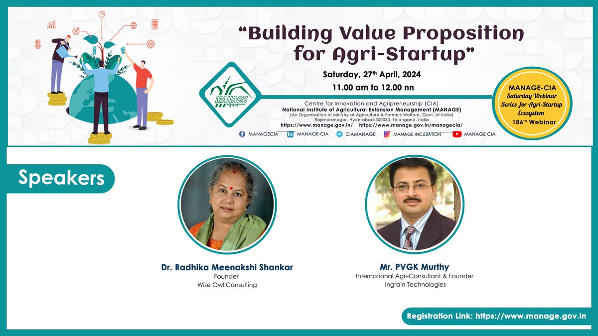 Join us for the webinar on ’’Building Value Proposition for Agri-Startup’’ hosted by MANAGE-CIA on Saturday, April 27, 2024, at 11 AM IST. Link for Attendees: manageindia.webex.com/manageindia/j.… #AgriStartups #Webinar #ValueProposition #Agribusiness