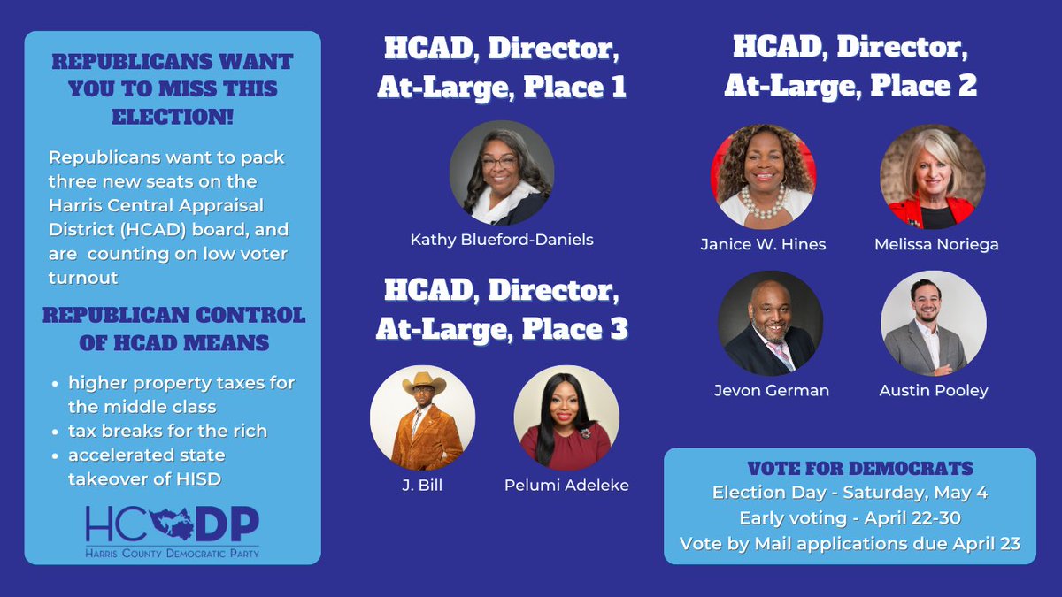 Early voting for the HCAD election runs until Tuesday the 30th. This might be the lowest turnout election of the year, so your vote makes a big difference.

Vote at any location countywide—no lines, only 3 races on the ballot (4 if you live in SD15), it will take minutes.