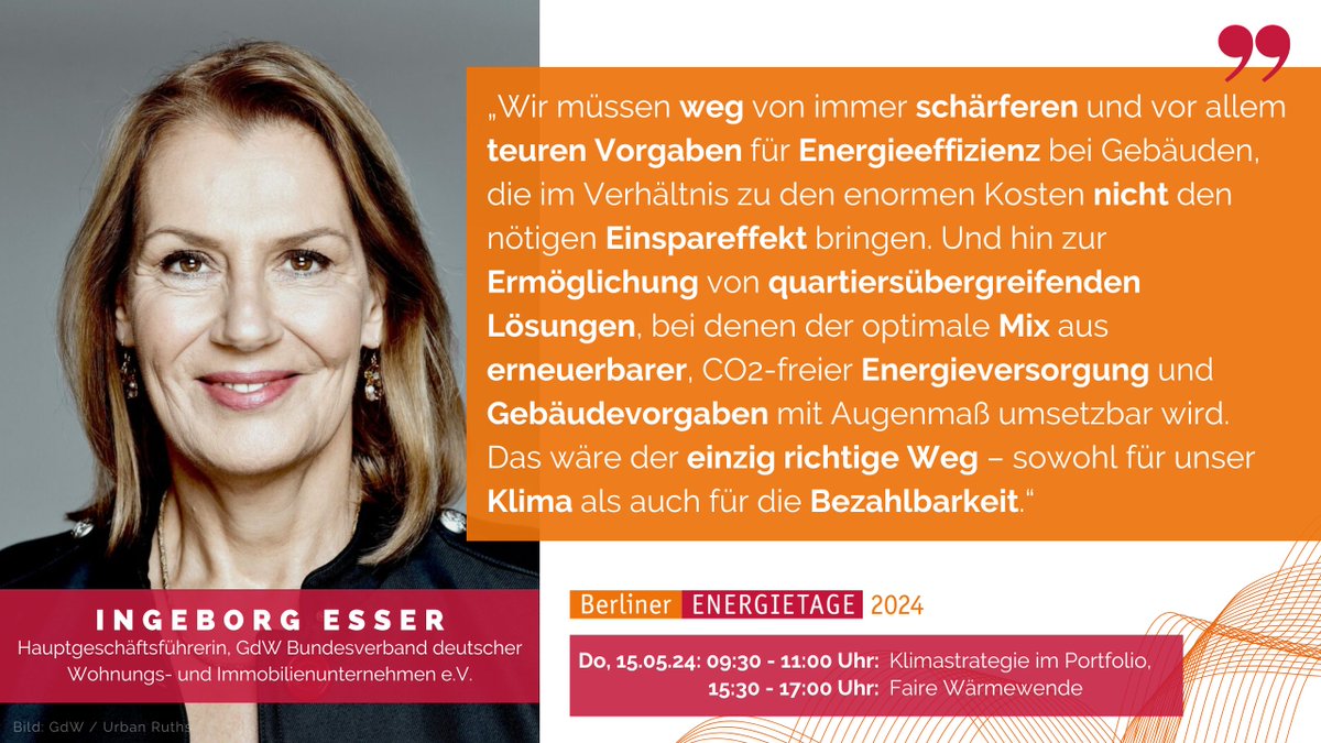 Die #ENERGIETAGE freuen sich, dass Ingeborg Esser @gdw_esser vom @GdWWohnen gleich in zwei Events sprechen wird: zum einen zur Klimastrategie im Portfolio und zum anderen zur fairen #Wärmewende. Verpassen Sie nicht Ihre Chance, dabei zu sein: energietage.de