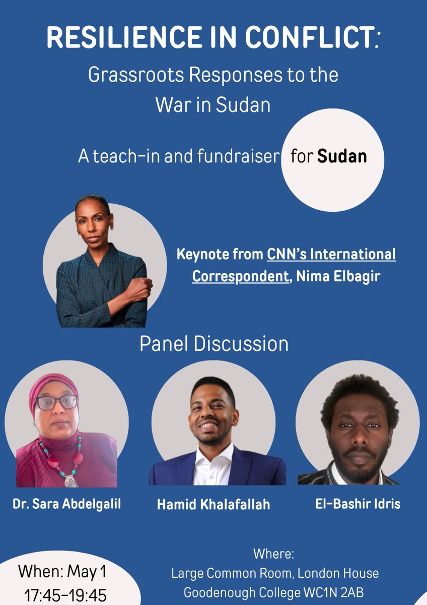 Hello London! My friends & I are organizing this panel discussion & fundraiser for Sudan on the 1st of May! We’re happy to have @nimaelbagir as our keynote speaker along with our panelists @Sarajalilo @HamidMurtada & @ElbashirIdris_ Register here: sudanatgoodenough.eventbrite.com