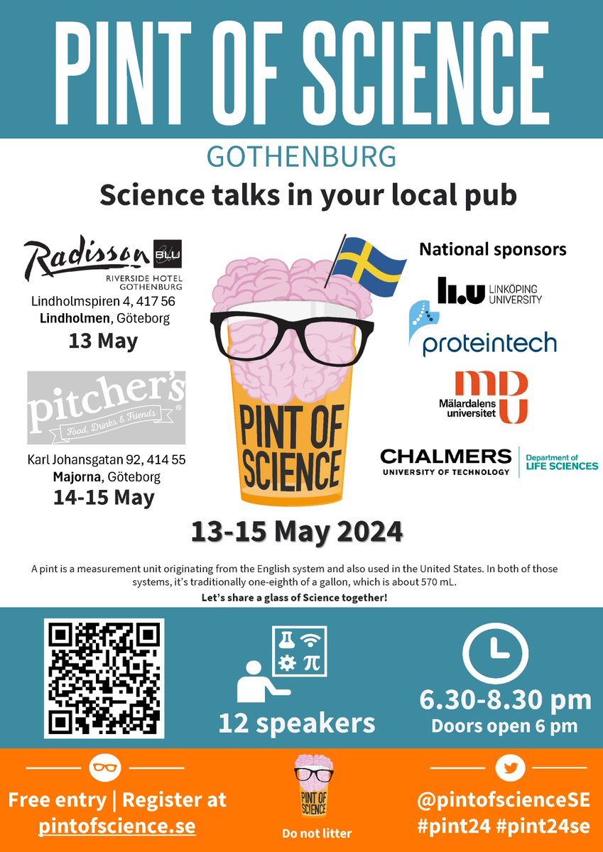 Hurray! @pintofscienceSE comes to #Goteborg at last. Two Indbio researchers (@Ristinmaa and Karl Persson) will speak during this event which will happen from 13 to 15 May from 6:30 to 8:30 PM. #pint24se #pint24 #gothenburg #bark #honey #yeast