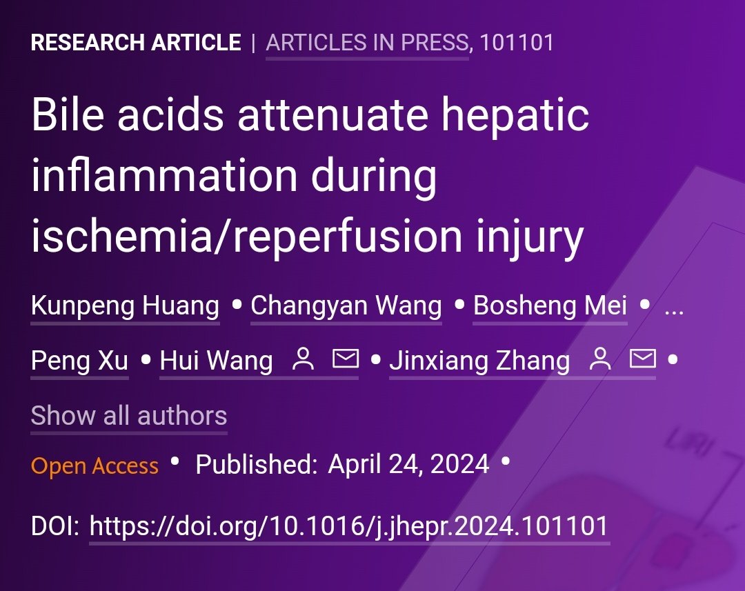 🟪NEW Article in press❕

Bile acids attenuate hepatic inflammation during ischemia/reperfusion injury

🔓#OpenAccess at 👉jhep-reports.eu/article/S2589-…

#LiverTwitter 
#LiverTransplantation
