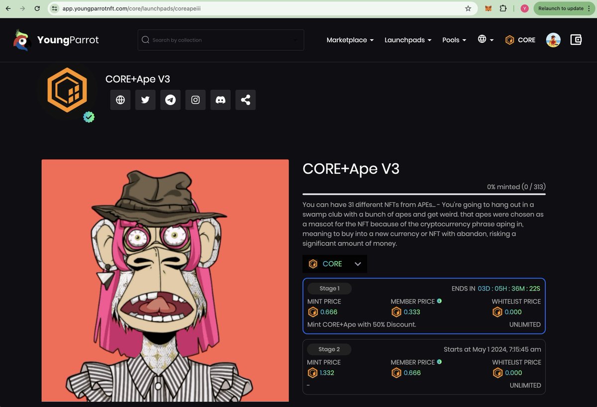 YoungParrot, NFT Marketplace & Token Launchpad (@youngparrotnft) on Twitter photo 🚀🚀🚀New NFT Launchpad
CORE+Ape V3 - You can have 31 different NFTs from APEs... - You're going to hang out in a
swamp club with a bunch of apes and get weird.
Mint at app.youngparrotnft.com/core/launchpad…
Owner: <a href="/CorePlus_Org/">Core PLUS 🔶️</a>
<a href="/Coredao_Org/">Core DAO 🔶</a>
#CoreDAO #Coretoshis #YoungParrot #YPC #YPM 🚀🚀🚀New NFT Launchpad
CORE+Ape V3 - You can have 31 different NFTs from APEs... - You're going to hang out in a
swamp club with a bunch of apes and get weird.
Mint at app.youngparrotnft.com/core/launchpad…
Owner: <a href="/CorePlus_Org/">Core PLUS 🔶️</a>
<a href="/Coredao_Org/">Core DAO 🔶</a>
#CoreDAO #Coretoshis #YoungParrot #YPC #YPM
