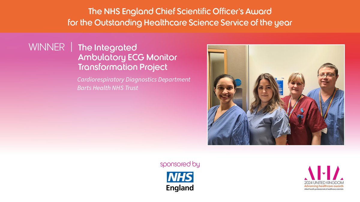 The winners in the @NHSEngland Chief Scientific Officer’s Award for the Outstanding Healthcare Science Service of the Year were The Cardiorespiratory Diagnostics Department @NHSBartsHealth - Hugely well done to the whole team!
#AHAwards @CSOSue