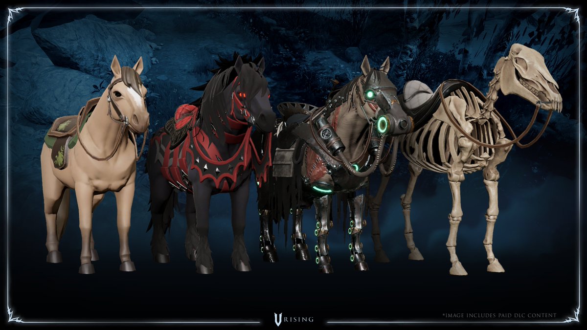 The mounts of V Rising - Classic Horse 🐴 - Vampiric Horse 🦇 - Plague Chemist’s (DLC Saddle) 🧪 - Rowdain’s Steed (DLC Saddle) 🦴