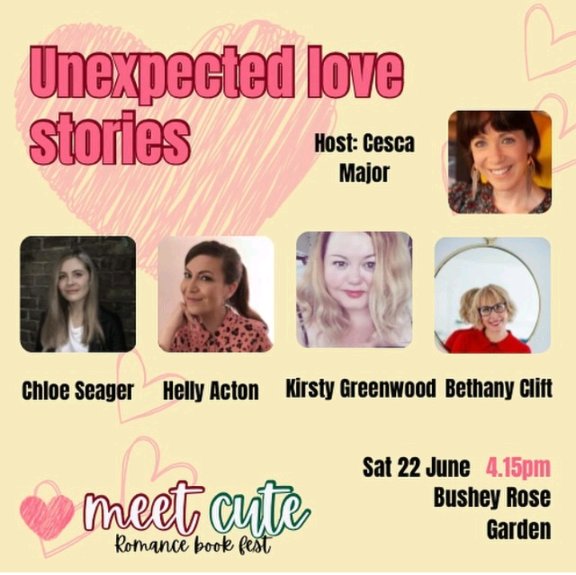 VERY much looking forward to the #MeetCuteBookFest in June, to fangirling at the Unexpected Love Stories session with @CescaMajor @ChloeSeager @hellyacton @KirstyStories @Beth_Clift, and to spending all my pocket money on craft treats by @CarolineJHogg.