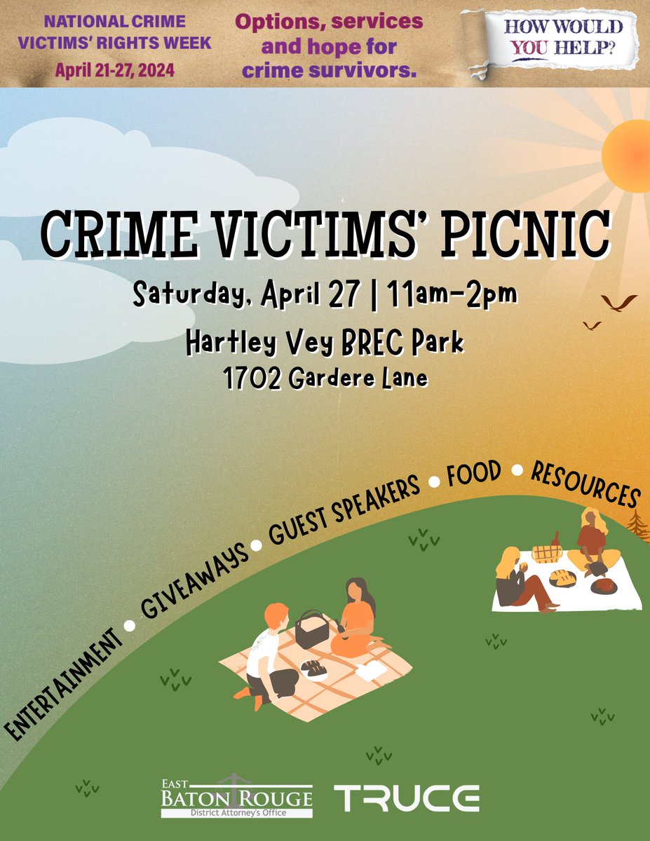 Join us and @truce_br for the annual Crime Victims' Picnic on April 27, 11am-2pm at Hartley Vey Park! Stand with survivors during National Crime Victims' Rights Week for a day of solidarity, support, and strength. Food, speakers, resources & more! #crimevictimsrights #NCVRW24
