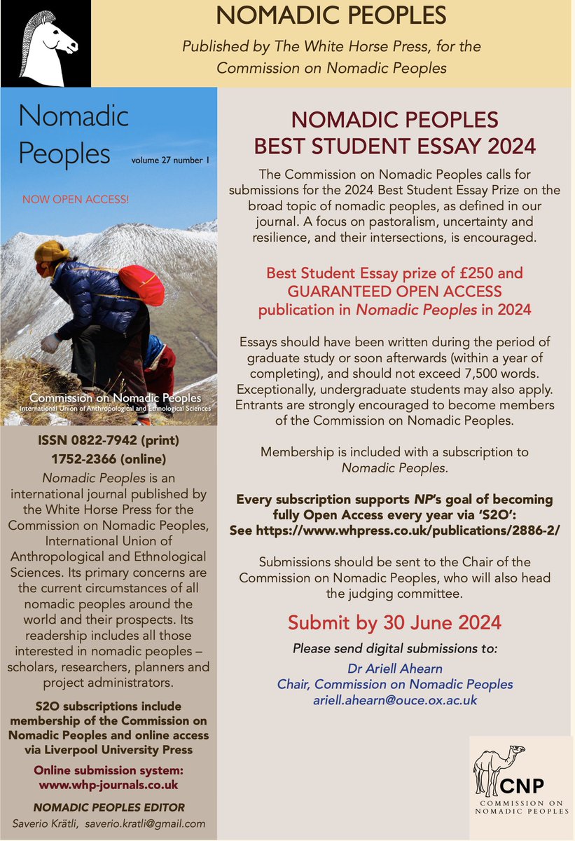 We’re pleased to announce the 2024 ‘Nomadic Peoples’ Best Student Essay competition, a with £250 prize and guaranteed #OpenAccess publication for the winner – more information in the attached flyer. #nomads #pastoralism