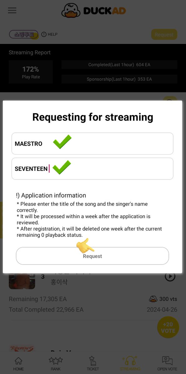 [🏆DUCKAD] Congratulations and thank you to CARATs who help in this poll. We secured a total of 1000 streams on Mel0n on the comeback day. However, we must complete the 'Requesting for streaming' in the app. STEPS: • install the app DUCKAD GUIDE: duckad.co.kr/xe/index.php?m… • go…