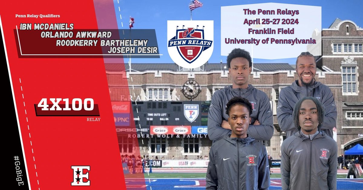 Meet Day!!! Penn Relays Boys 4x100 12:00pm. ITS SHOWTIME!!! @ElizabethAthle1 @NJXCTFCA #BigETF #CityofChampions #CoachFastTony #pennrelays