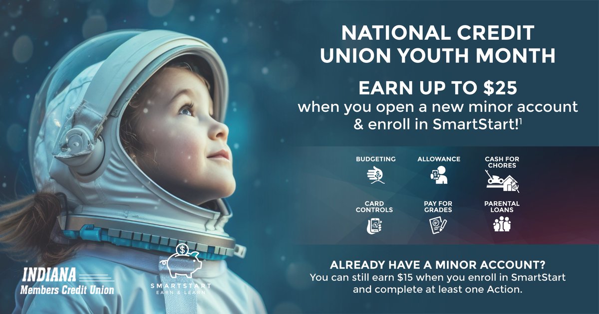 April is National #CUYouthMonth! Celebrate with us and earn up to $25 when you open a new minor account and enroll in SmartStart! Learn more here: rb.gy/i8z350