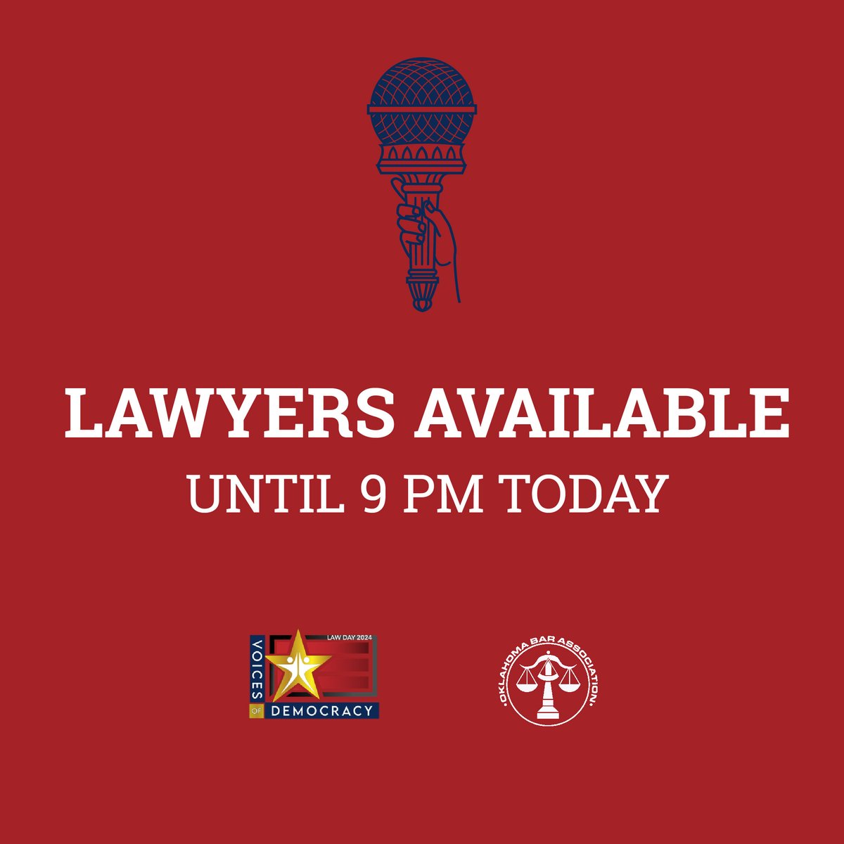 Whether it's questions about custody, renting, employment, debt, estate planning or another legal topic, our volunteer lawyers are here today to help you in honor of Law Day. 

Email askalawyer@okbar.org or call 405-429-4290 or 918-340-5297 to get free advice now!