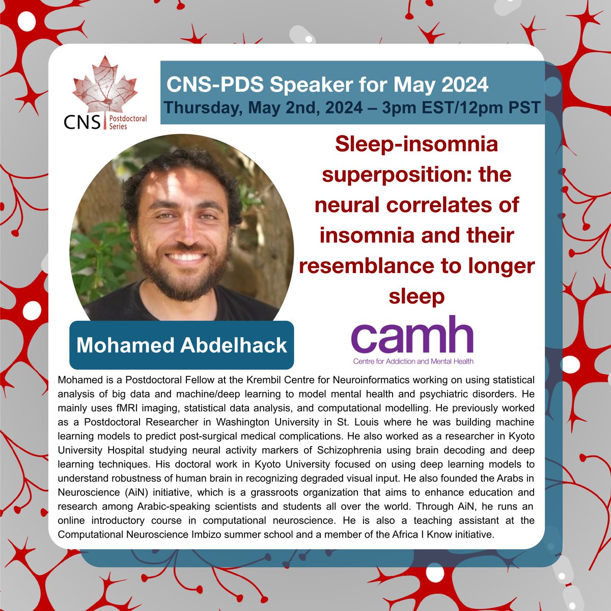 Then, Dr. @mabdelhack from @CAMH_KCNI will talk about #neural substrates of #insomnia. Hope to see you all next Thursday!