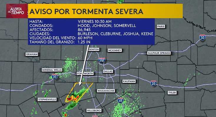 Aviso por Tormenta Severa para algunos condados del Norte de Texas incluyendo Johnson. Esto por tormentas que tienen granizo de 1.25' y rachas de viento de 60 mph