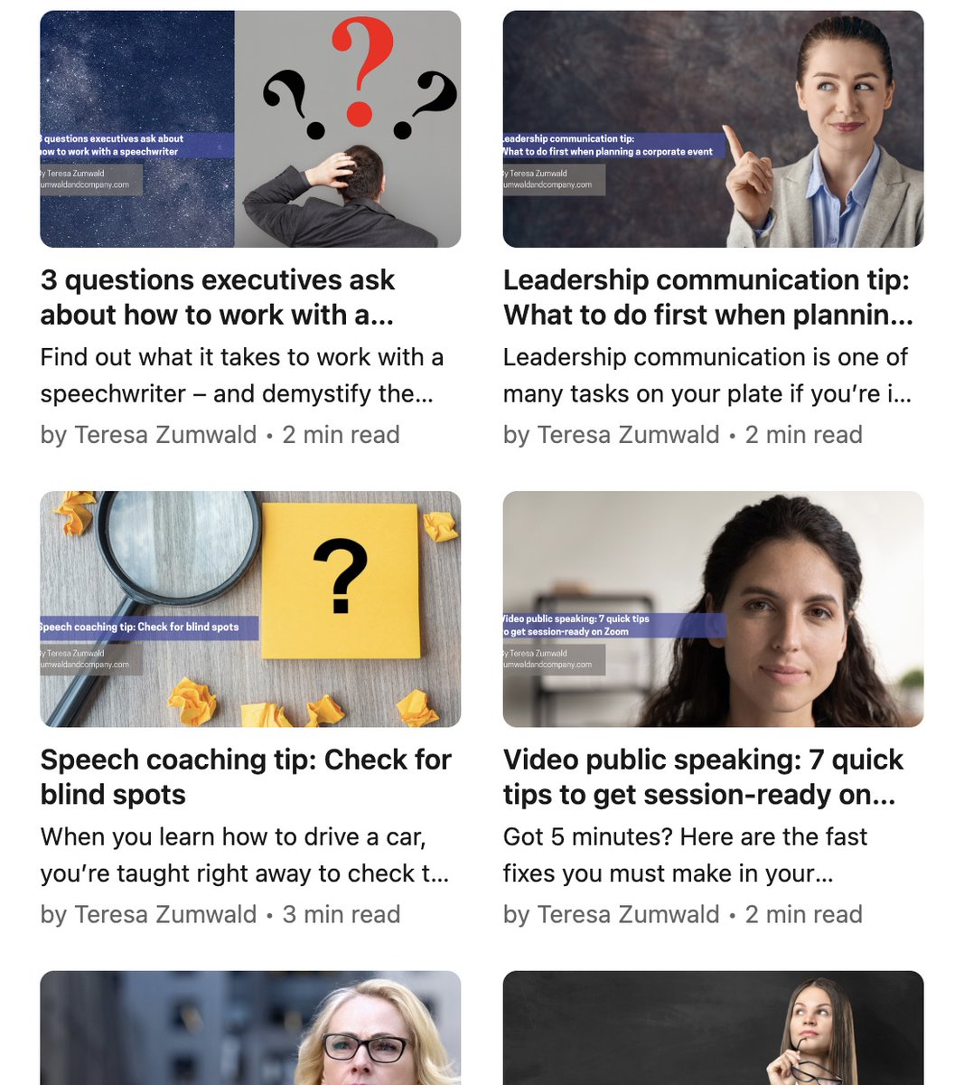 Free time on Friday? Here's my entire archive of LinkedIn articles:

linkedin.com/in/teresazumwa…

#FunOnFriday #Freetime #LinkedIn #ExecutiveCommunication #LeadershipCommunication #SpeechCoaching #SpeakingTips