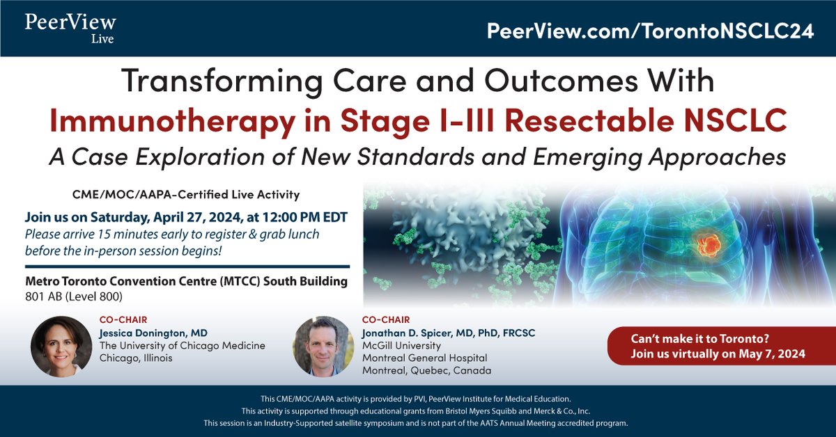 Remember to join us tomorrow, April 27th at 12:00 PM EDT, for our #NSCLC in-person symposium, and to tweet your questions in advance! As always, please be sure to follow @PeerView for more #MedEd content! bit.ly/TorNSCLC24T #AATS2024