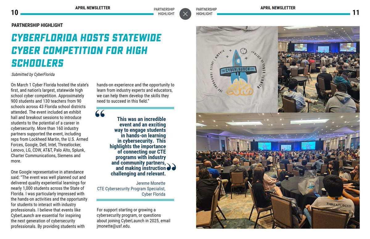 📰 We appreciate our friends at the Department of Education sharing the success of our recent #CyberLaunch event in their Career & Technical Education newsletter! #CyberSecurity #CyberCareers #K12