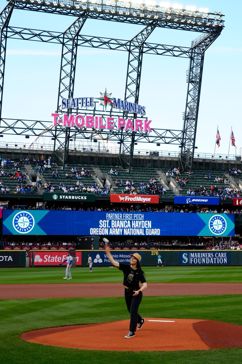 Army Sgt. Bianca Hayden did an amazing job throwing the first pitch at our @Mariners Salute to Armed Forces Night. She is assigned to Joint Base Lewis McChord and is an aspiring athlete for @InvictusTeamUS in 2025 where we are a Presenting Sponsor. 📷: Mariners