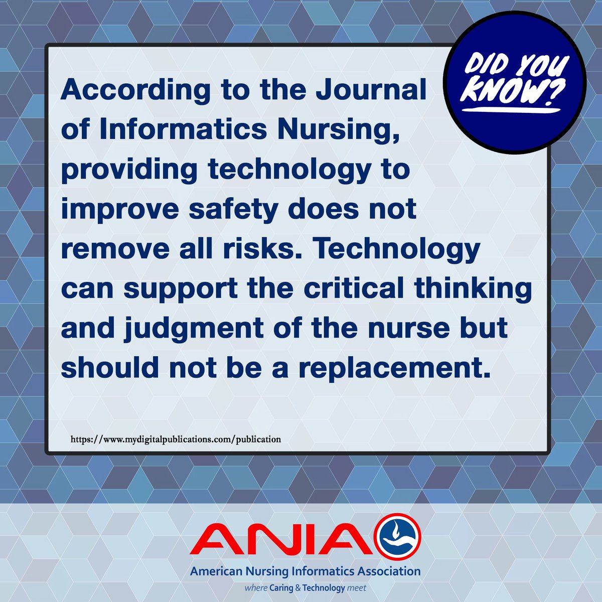 DID YOU KNOW? | According to the Journal of Informatics Nursing, providing technology to improve safety does not remove all risks. Technology can support the critical thinking and judgment of the nurse but should not be a replacement. 

#factfriday #healthtech #nursinginformatics