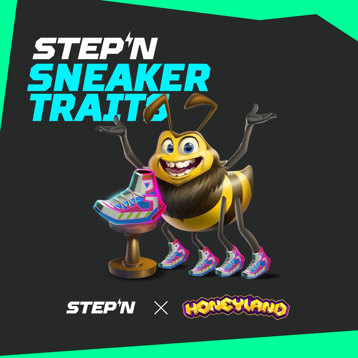 Stepnofficial's tweet photo. For the first time ever, STEPN will be part of another game’s IP! 🥳

@PlayHoneyland is introducing STEPN Sneaker traits for Bees!

When players fuse these onto their bees, they will get an agility and endurance trait boost! 

Traits are available for players to purchase during a special time window in the Honeyland Shop. 

If you haven’t grabbed a Raffle Mint entry yet, NOW’S THE TIME ⌛

👟 99 OGs & 1 co-branded Genesis Sneaker
🎟️ 700 GMT to enter

🤝 Raffle is fully refundable for non-winners
https://t.co/DR4KUOSg4K

Join the swarm of excitement!