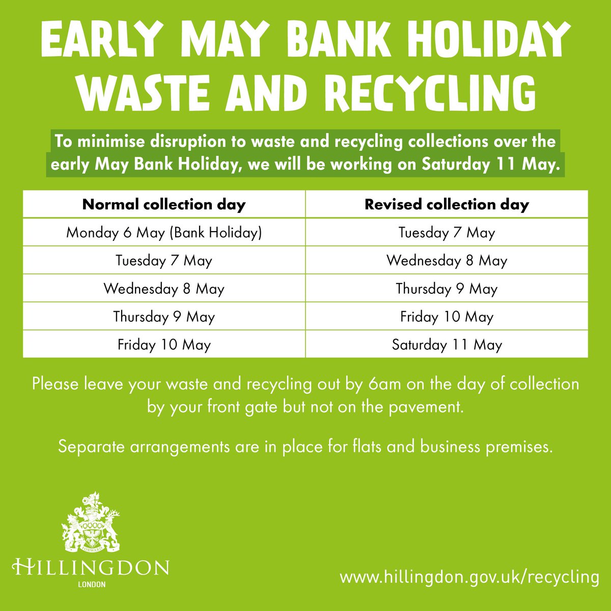 Due to the early May Bank Holiday, there will be changes to your rubbish and recycling collection days. 🗓️ ♻️ To find out your revised collection day, see the table, or visit: buff.ly/3xZXHqe 👀