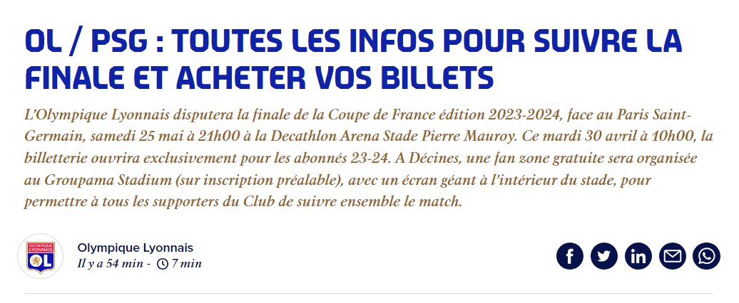 #cdf2024 #OLPSG, La billeterie de la Coupe de France sera prioritaire pour les abonnés 2023/2024, un écran géant sera installé au Groupama Stadium sur réservation