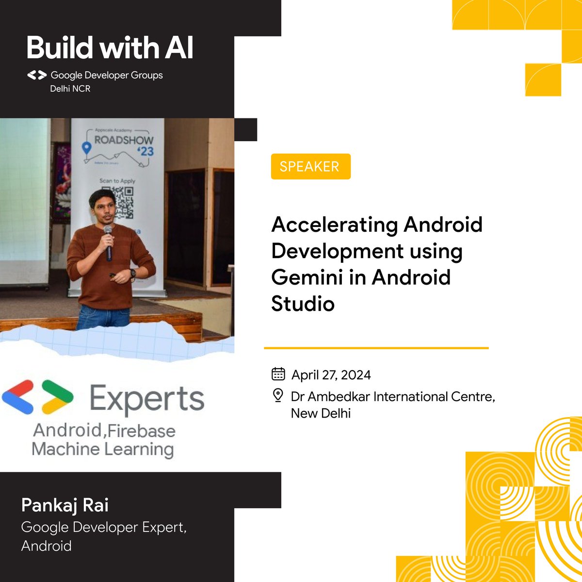 Pankaj Rai - Accelerating Android Dev with Gemini: What's up, Android devs? 💻 You ready to have your minds blown into the stratosphere? Pankaj Rai, a bonafide Google Developer Expert, is coming in hot with a session on how to supercharge your app-building game using Gemini