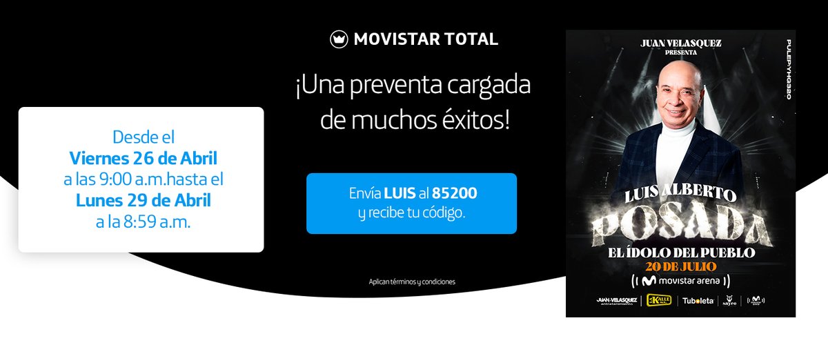 Luis Alberto Posada llega al @MovistarArenaCo 🎵 Envía LUIS al 85200 y recibe tu código de descuento por ser Movistar Total. Redime tu código aquí: tuboleta.com
