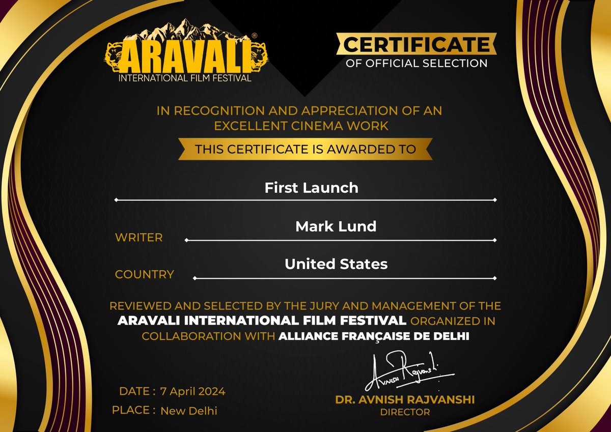 Thank you Aravali International Film Festival for the certificate! #FirstLaunchScript #SciFi