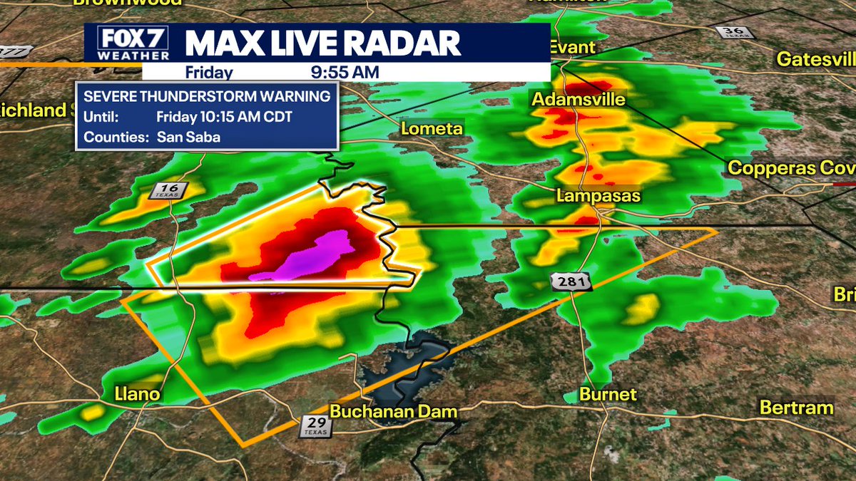 zackshieldsFOX7's tweet photo. SEVERE THUNDERSTORM WARNING for SE San Saba and N Burnet County until 10:15am. Ping Pong sized hail and wind gusts up to 58 mph are possible. #severeweather #fox7austin #txwx #hailer https://t.co/jISJYJMI1b