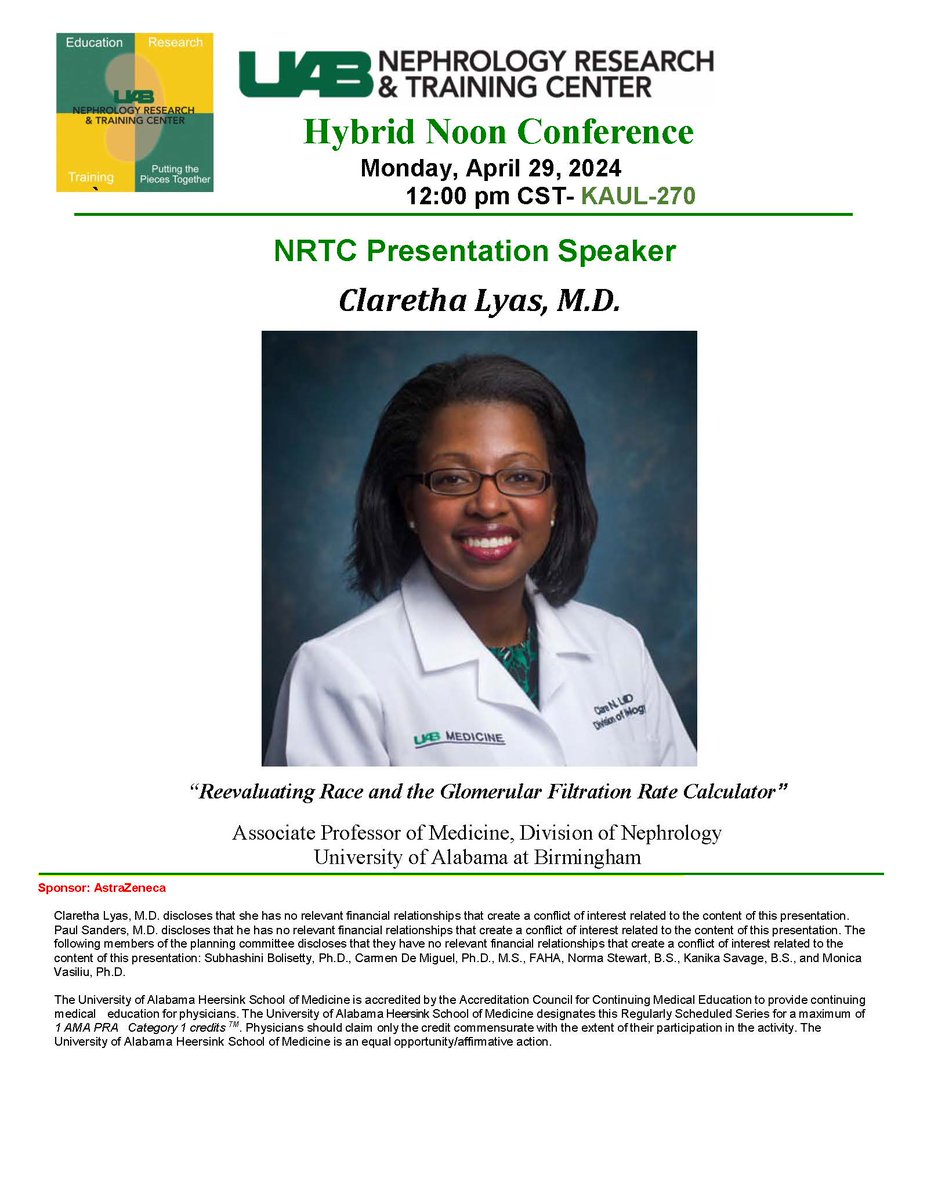@UAB_NRTC Seminar - Monday 04/29/2024 at noon zoom and in person, KAUL 270 - Dr. Clare Lyas @ClareLyas will present on: ““Reevaluating Race and the Glomerular Filtration Rate Calculator” @BolisettySu @Carmendemigue12 @DrPaulKidney