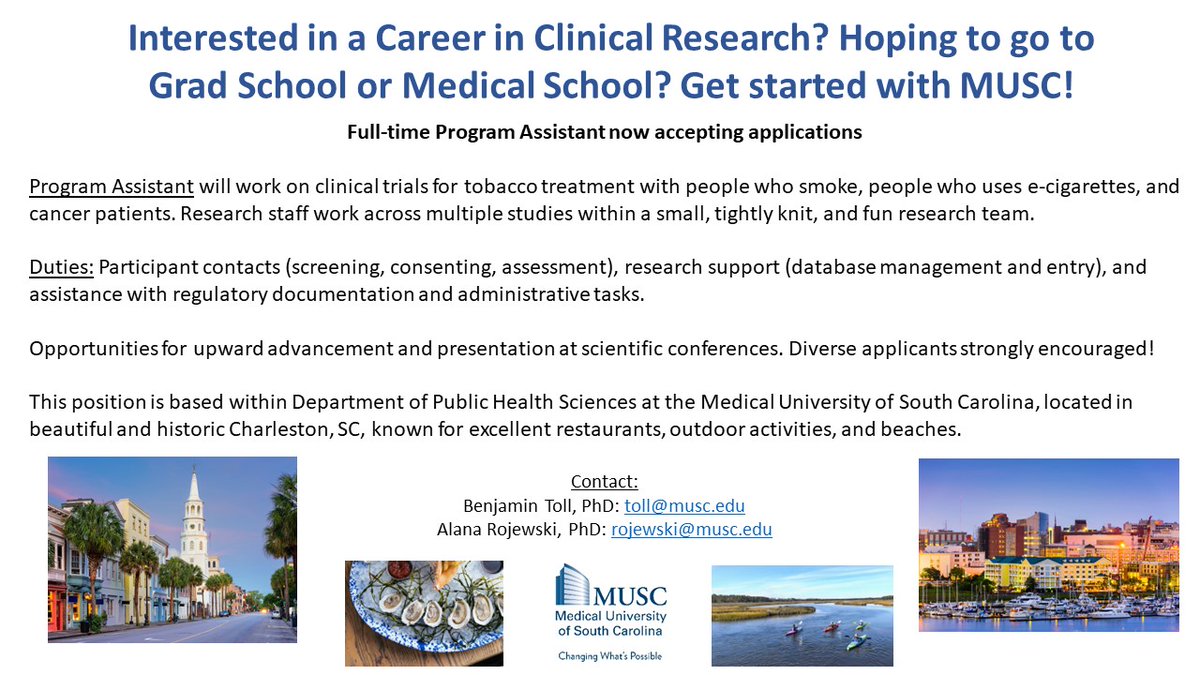 We are hiring research staff to assist with studies on smoking, e-cigarettes, and cancer patients! Great opportunity for a recent grad to get research experience to build their resume - Please share 😎

musc.wd1.myworkdayjobs.com/MUSC/job/Charl…