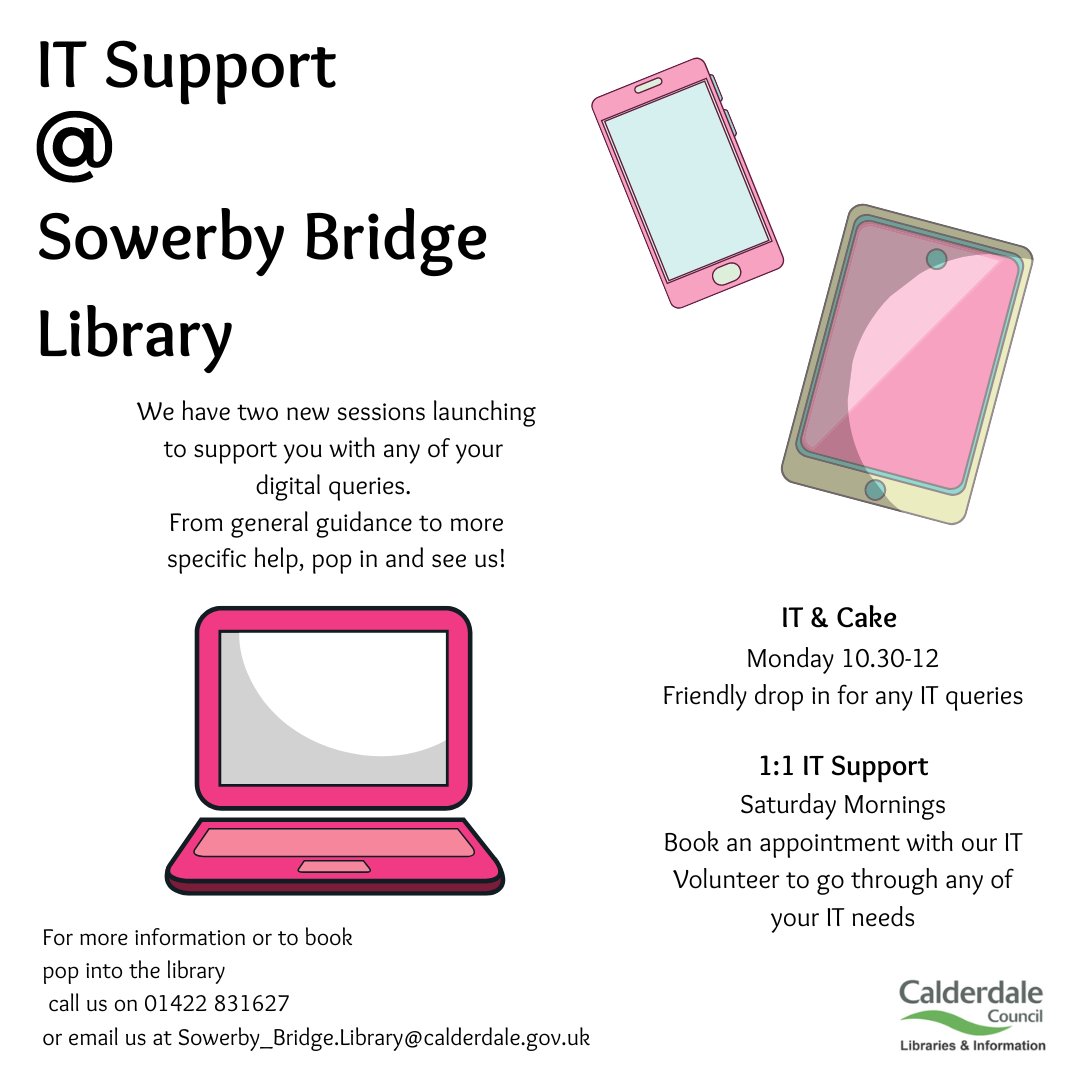 If you feel like the digital world is moving too fast for you, we can help - #SowerbyBridge Library's IT support drop-in sessions are Mondays 10:30-12, and more intensive volunteer support (must be booked!) is Saturday mornings. Get in touch with the library to find out more💻🧑‍💻