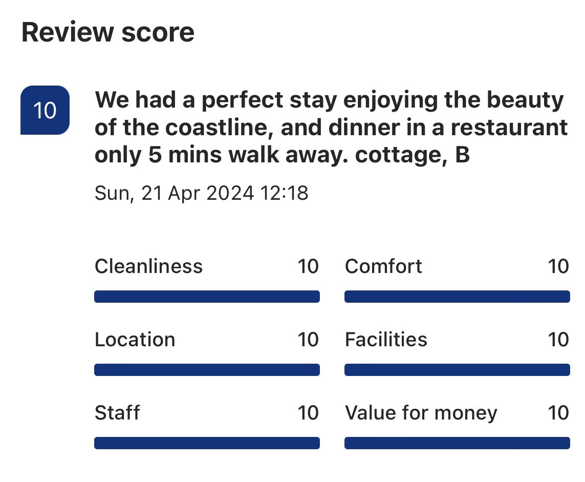 Recent feedback for Dunnaglea Cottage from @bookingcom guests 🔟🔟🔟🔟

🤩✨💛 

Book now: booking.com/hotel/gb/dunna…  

🏡 #Ballintoy #CausewayCoast #CountyAntrim #NorthAntrim
#holidaycottage #discoverni #visitni #agiantadventure