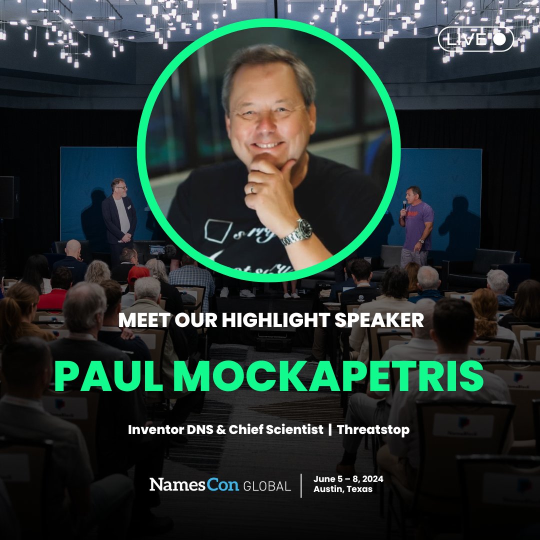 Join #DNS inventor Paul Mockapetris at #NamesCon Global to explore the past, present, and future of domain names. Perspectives don't come with much more authority than his! June 5-8 in Austin, TX:—save 55% on your pass before May 3 with this link: namescon.com