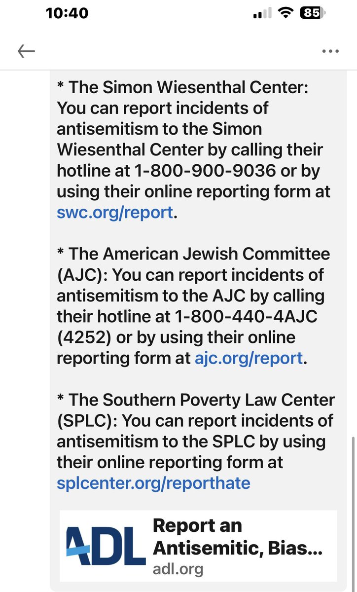 Please report all acts of antisemitism to the following orgs. Many thanks