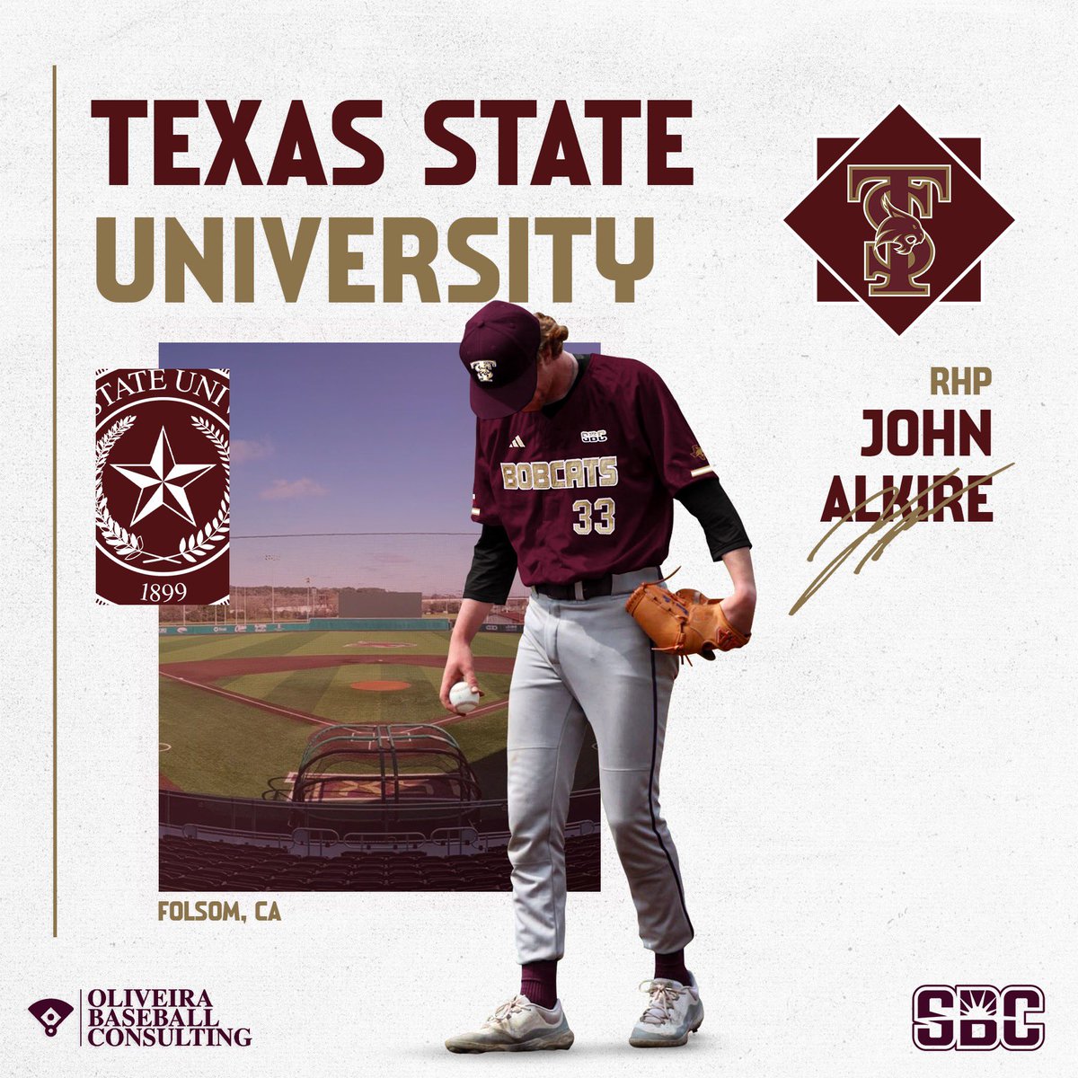 Congrats to John Alkire on his commitment to Texas State University. The Bobcats have an experienced arm with big time stuff coming to San Marcos. Pumped for the Alkires! #TSU #EatEmUp #SlamMarcos #SunBelt #Committed #OBC