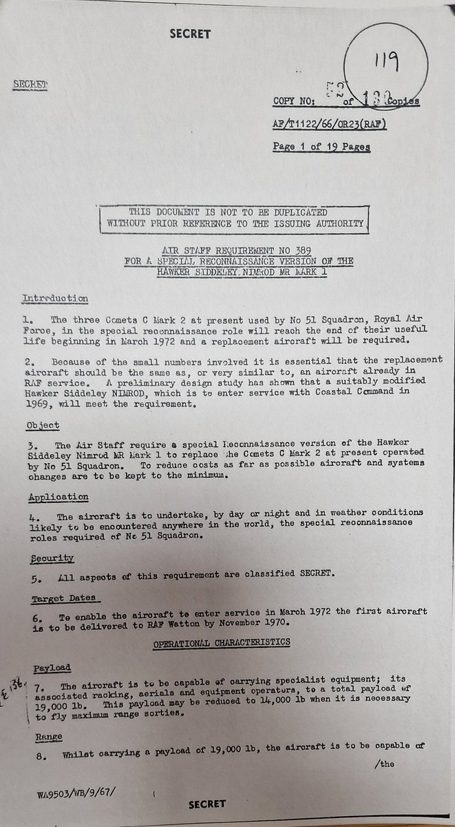 An unexpected Archives find. The file on the original RAF Air Staff Requirement for the Nimrod R1 back from the 1960s - a fascinating read!