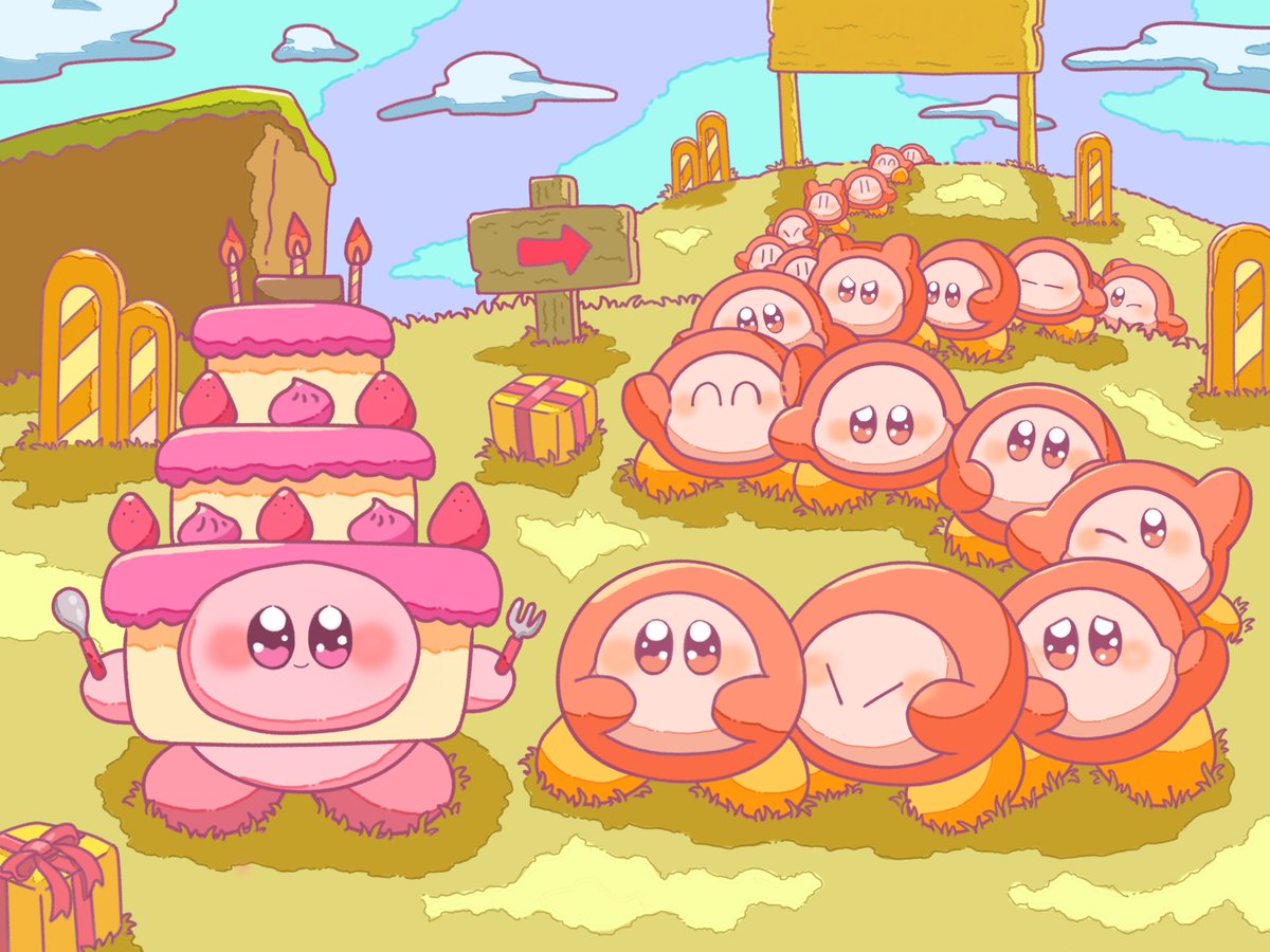kirby ,waddle dee blush smile open mouth holding closed mouth closed eyes outdoors  illustration images