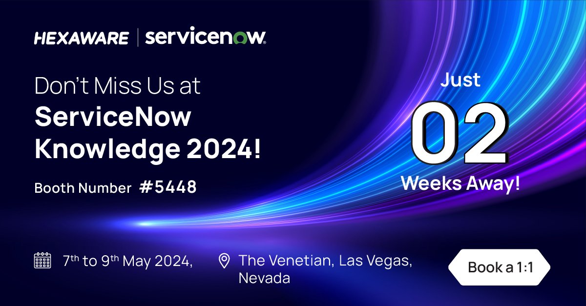 The clock is ticking! Don't miss Hexaware at booth #5448. Our certified #ServiceNow professionals are eager to chat about your specific needs and showcase how we can help you achieve your goals. See you in Vegas! bit.ly/4bd1vCV #Know24 #ServiceNowKnowledge2024