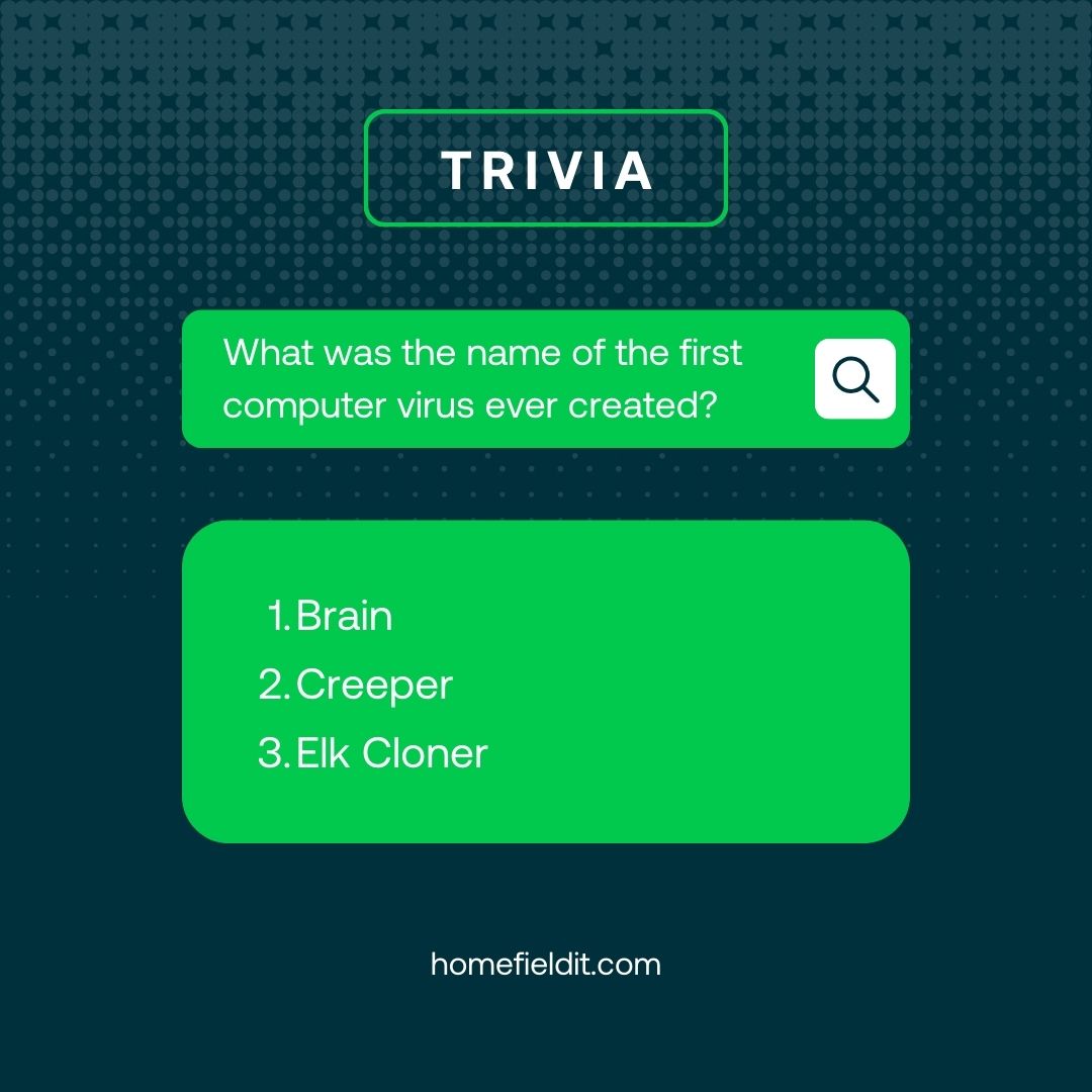 Trivia Time!

Here's a brain-teaser for all you tech enthusiasts out there: What was the name of the first computer virus ever created?

Drop your guesses in the comments below and let's see who can crack this IT mystery! 

#TechTrivia #ChallengeAccepted #TestYourKnowledge