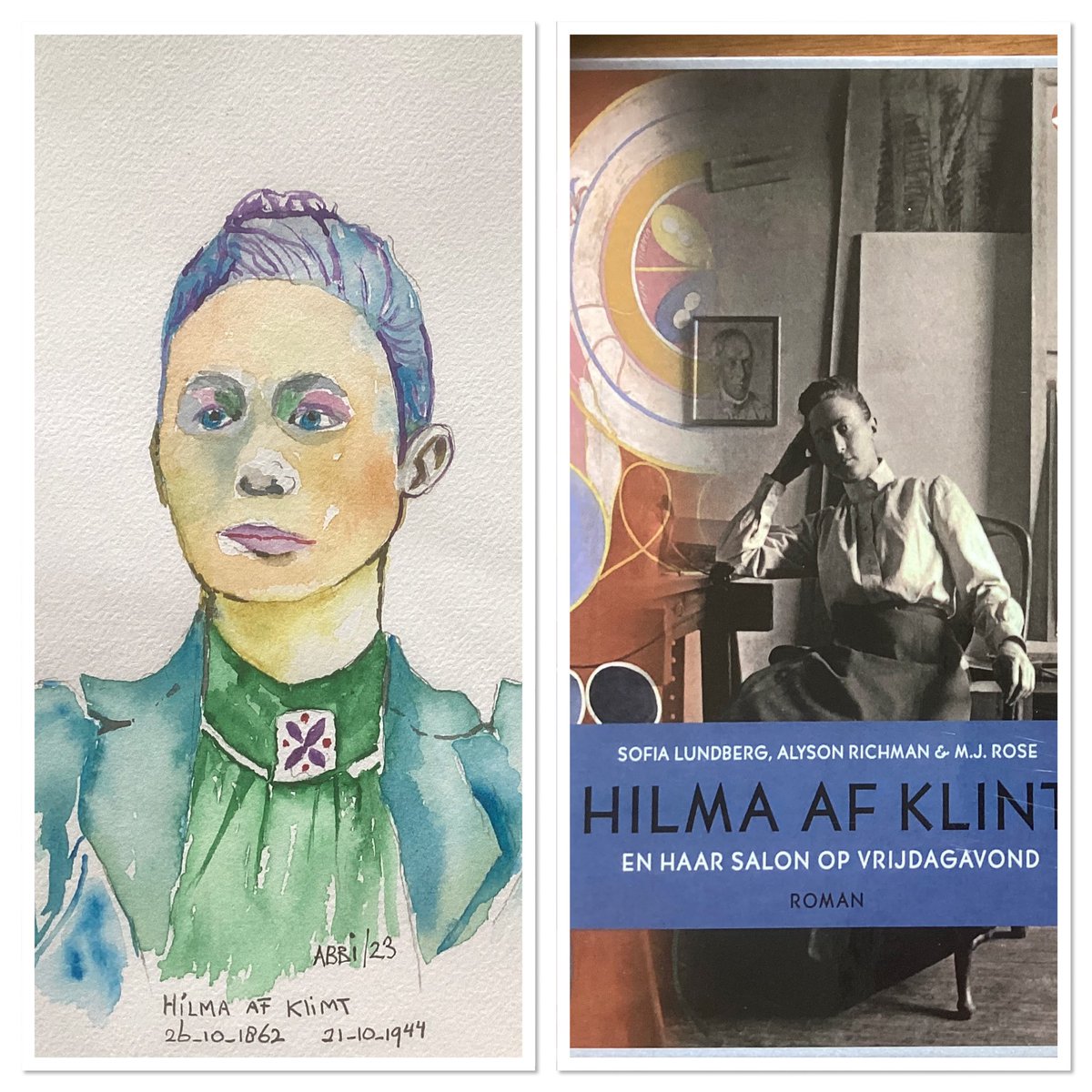 Ooit schilderde ik Hilma af Klint in geel, blauw en roze. Dit lees ik in een boek dat over haar geschreven is. Frappant!