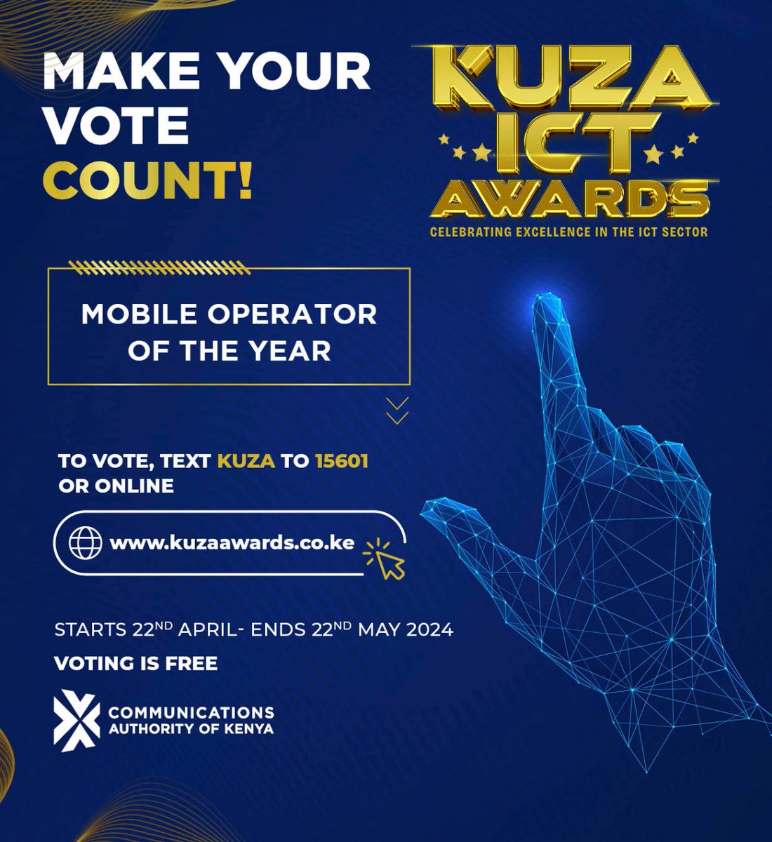 Make your vote count in the Kuza ICT Awards! Celebrate excellence in the ICT sector by voting for your favorite mobile operator of the year. Text 'KUZA' to 15601 or vote online at kuzaawards.co.ke. Voting is free and open till May 22nd, 2024.#KuzaICTAwards2024