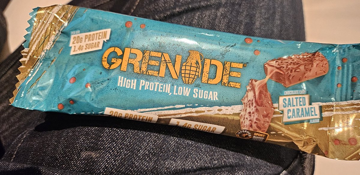 RyanActually1's tweet photo. Got to keep up my energy when travelling, always get a headache and tired quickly. These are rather nice too #GrenadeBars , this Salted Caramel one hits the spot without all the usual sugar https://t.co/g9VqFGFdnN