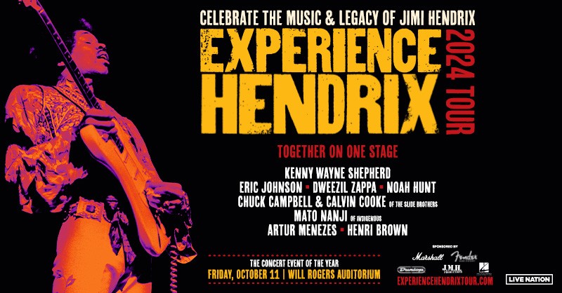 On Sale Now! Get tickets to Experience Hendrix 2024 Tour featuring Kenny Wayne Shepherd, Eric Johnson, Dweezil Zappa, Noah Hunt, Chuck Campbell & Calvin Cooke of the Slide Brothers, Mato Nanji of Indigenous, Artur Menezes, & Henri Brown at Will Rogers Auditorium on 10/11!