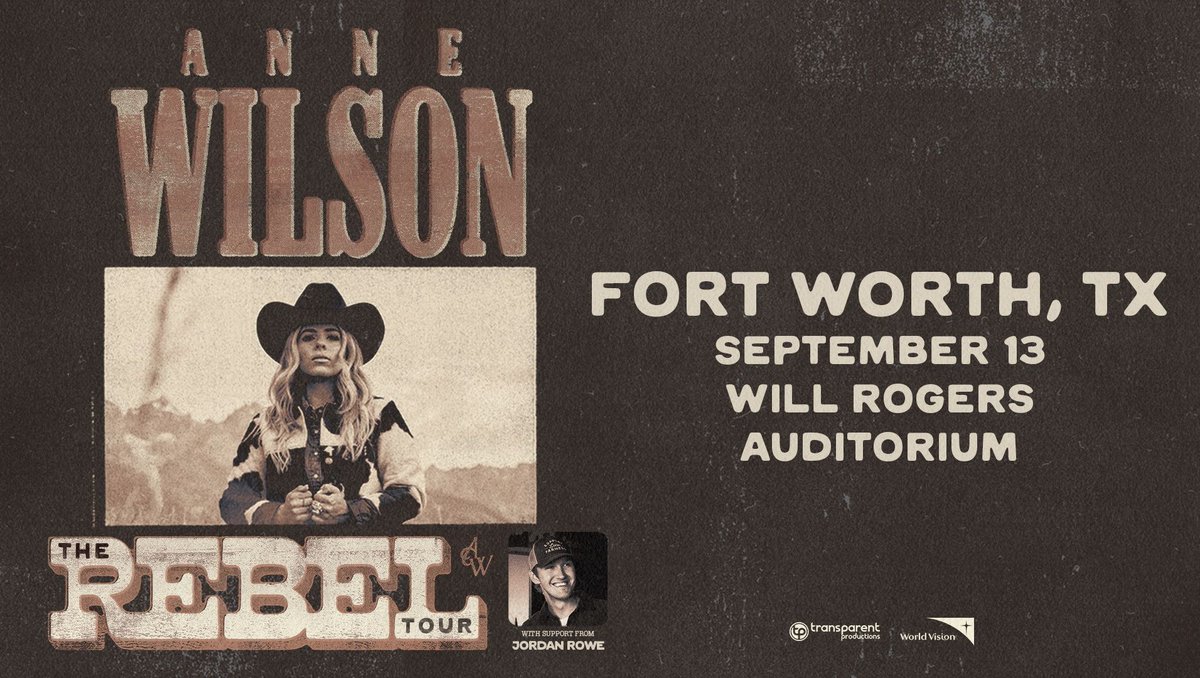 On Sale Now! Get tickets to Anne Wilson: The Rebel Tour on September 13 at Will Rogers Auditorium with support from Jordan Rowe! Don’t miss a night of worship and praise with your favorites from Anne! 🎟️: ticketmaster.com/event/0C006091…